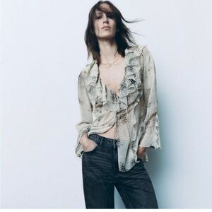 Zara Ruffled Animal Print Blouse ruffle sheer angle skin size L